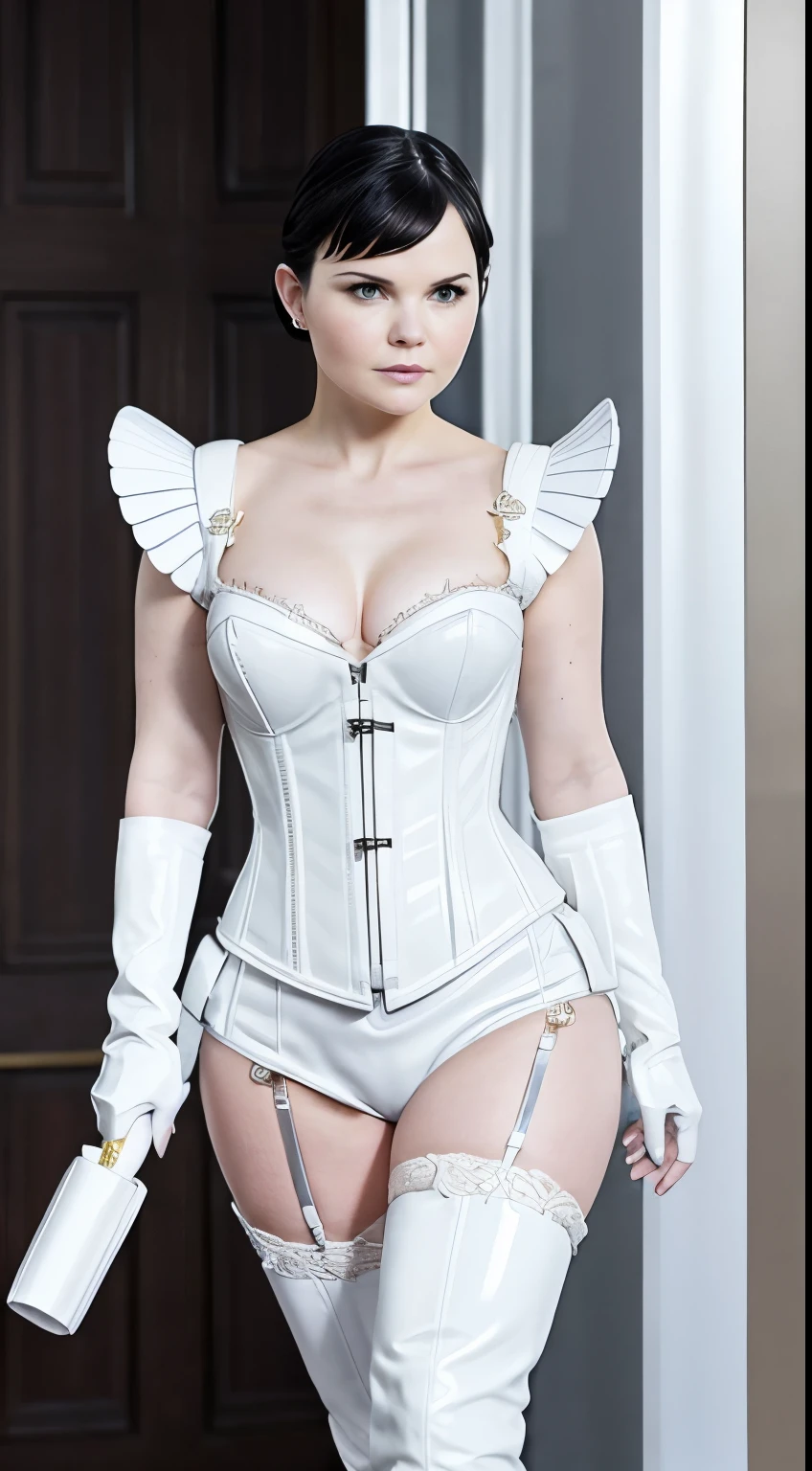 Matured Ginnifer Goodwin als Domina, in white-leather-lacquer-catsuit with laced corset, she squats over a opened toiletseat, She wears creoles-earrings, and complete white-thigh-high boots, Elbow-length blue gloves, her naked vagina is visible and hairy, whole body visible