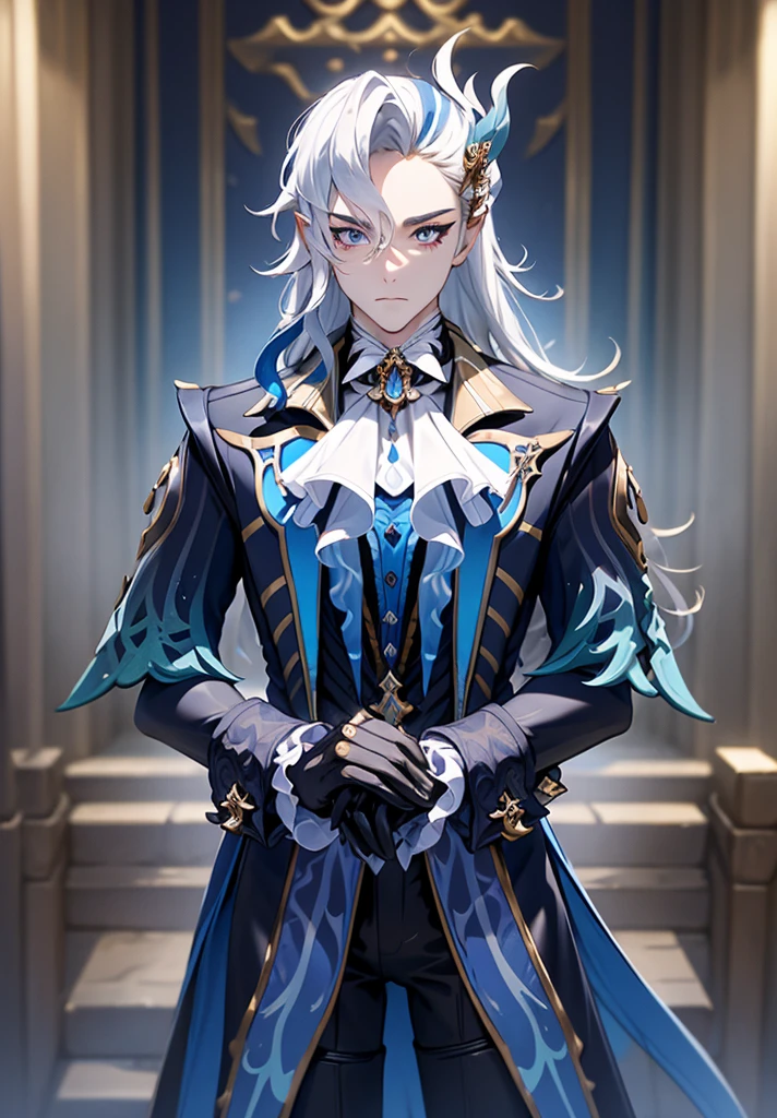 Masterpiece, Best Quality, 1boy, neuvillette, wide, blue fur, by white, multicolor fur, hair between eyes, pointy ears, hair ornament, black gloves, Black pants, Formal, long sleeves, standing, contrasted, new york street background