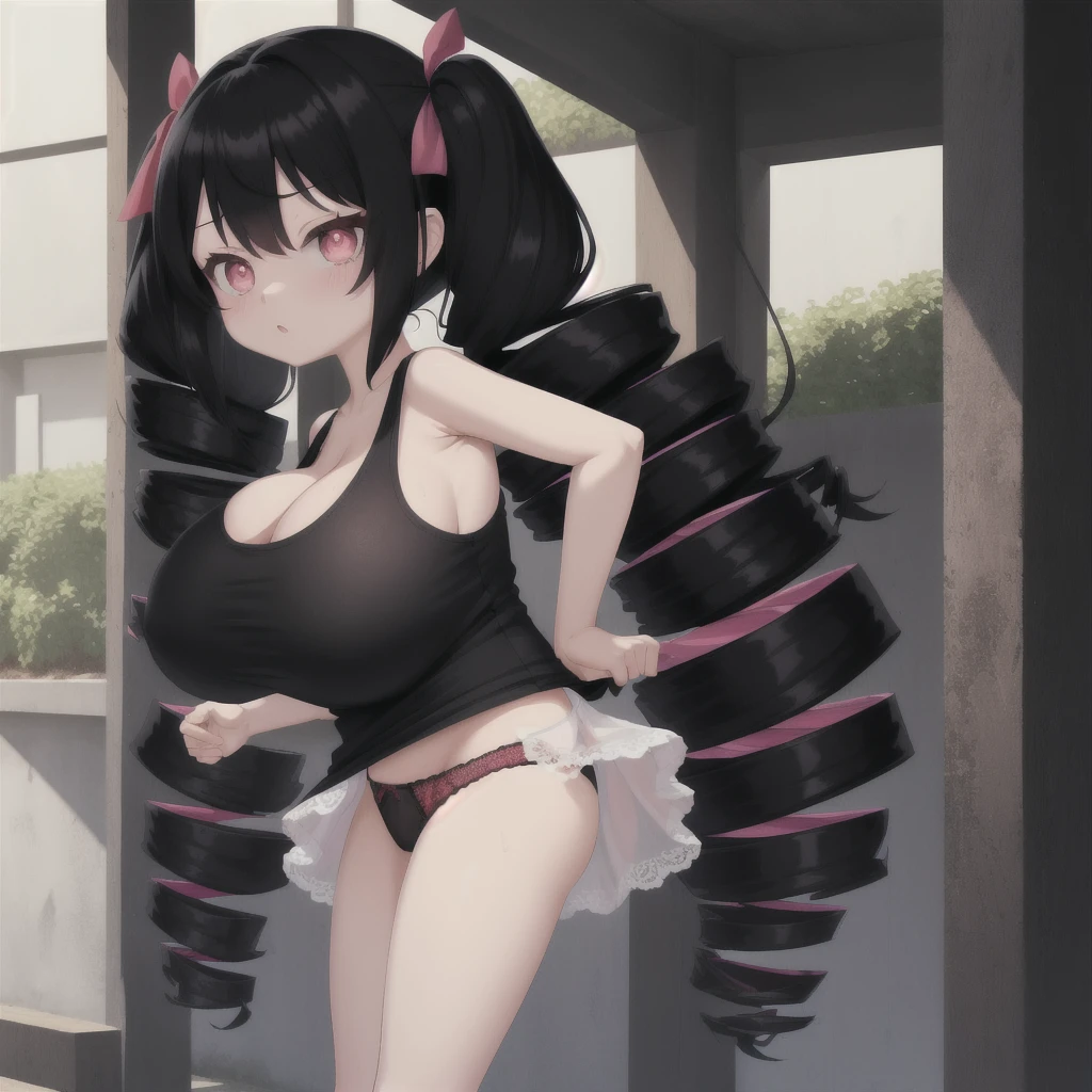 black hair, female, twin drills, solo, smol, pink eyes, massive breasts, oppai , very long hair, wear open cut black tight tank top and red lace panties, masterpiece, ultra high quality