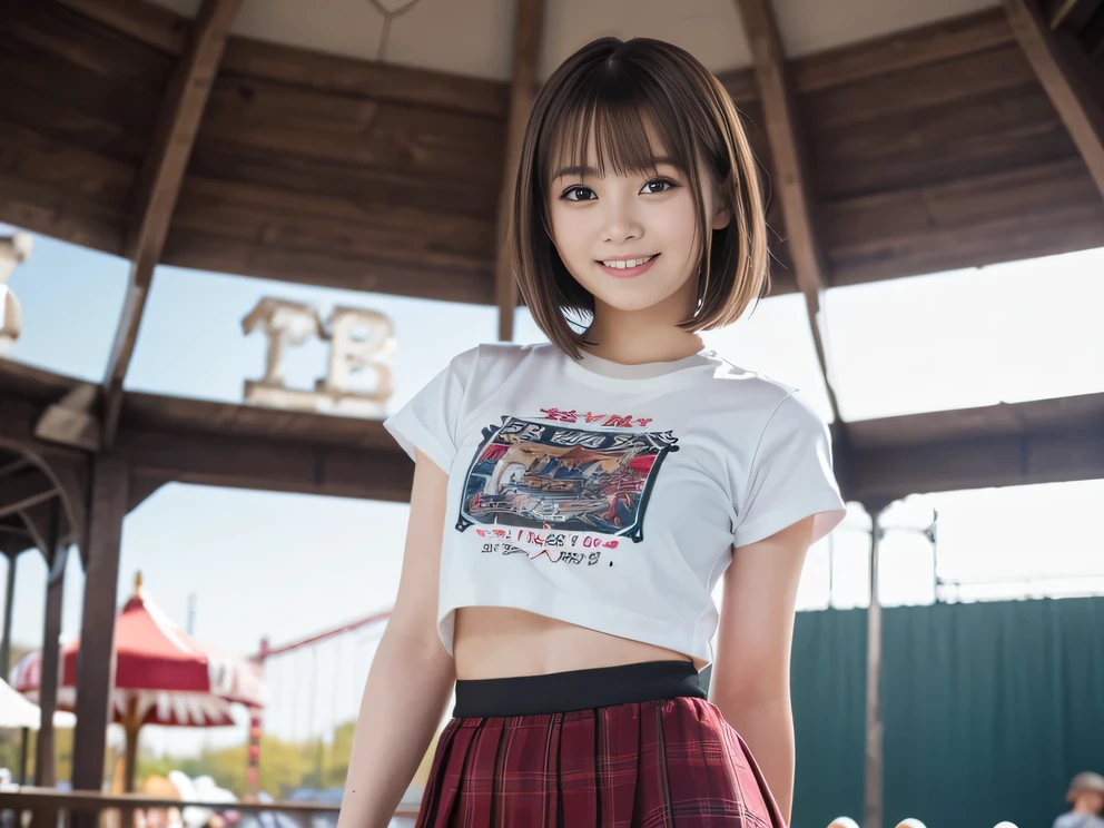 (8K, RAW Photos:1.2), Detailed face and eyes,最high quality, Ultra-high resolution, Very detailed ,Intricate details ,Tabletop ,pretty girl ,Round eyes、 Soft cinematic light, Hyper Detail,Sharp focus, high quality, Brown Hair,((Bobcut))、(Straight bangs)、amusement park、 ((Mini T-shirt))、(Pleated skirt)、”dwarf”、(Full Body Shot)、Waist、(I can see your thighs)、Cowboy Shot、 smile、I can see your belly button、Floral clothes、