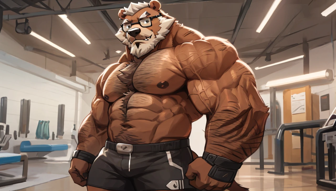 solo, 1boy, Huge Muscular Old bear wearing glasses, brown fur, hairy pectoral, huge pectoral, wide pectoral, short white hair, short pants and shirtless, bearded, mustache, simple background, masterpiece, high detailed, 8k, high resolution