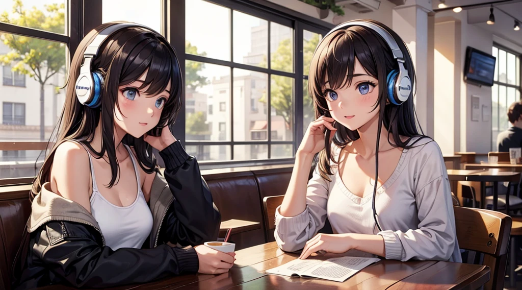Girl with headphones enjoying music in a cafe I am studying Emphasize a little bit of the chest