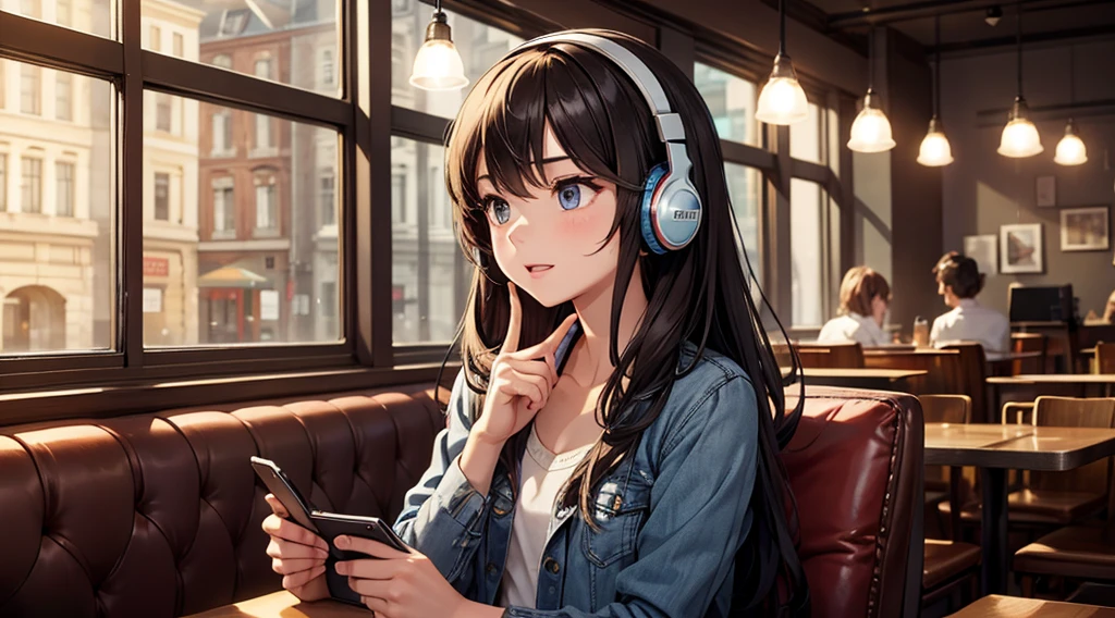 Girl with headphones enjoying music in a cafe　I am studying　Emphasize a little bit of the chest