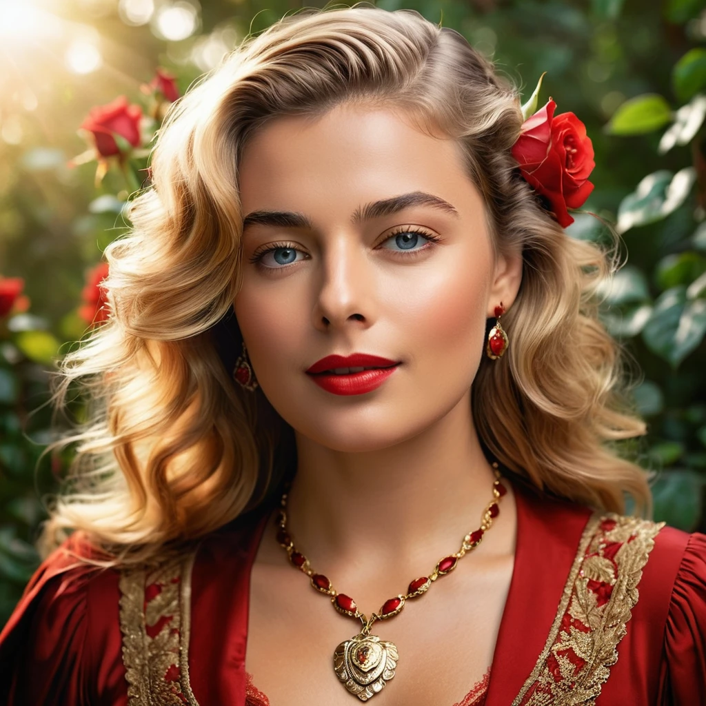 Create a highly detailed and realistic portrait of a young Ingrid Bergman with long, wavy blonde hair adorned with red roses. She has striking, expressive eyes and a calm, composed expression. She is wearing a vintage-style outfit with a necklace featuring a pendant. The background is a soft-focus natural setting with warm, dappled sunlight filtering through the leaves, enhancing the serene and romantic atmosphere. The style should be hyper-realistic with a touch of romanticism. Photo Realistic photo, vibrant colors, 16k
