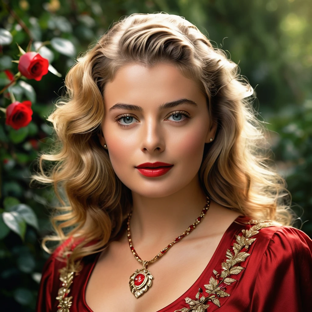 Create a highly detailed and realistic portrait of a young Ingrid Bergman with long, wavy blonde hair adorned with red roses. She has striking, expressive eyes and a calm, composed expression. She is wearing a vintage-style outfit with a necklace featuring a pendant. The background is a soft-focus natural setting with warm, dappled sunlight filtering through the leaves, enhancing the serene and romantic atmosphere. The style should be hyper-realistic with a touch of romanticism. Photo Realistic photo, vibrant colors, 16k