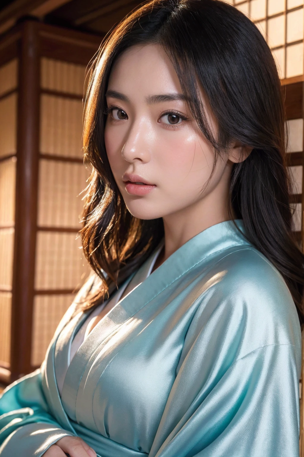 beautiful japanese woman wearing luxurious kimono in a shrine, cinematic atmosphere, big breasts, (best quality,4k,8k,highres,masterpiece:1.2),ultra-detailed,(realistic,photorealistic,photo-realistic:1.37),(looking at viewer),detailed intricate kimono patterns,detailed facial features,detailed eyes,detailed lips,detailed nose,highly detailed hands,elegant pose,serene expression,soft lighting,vibrant colors
