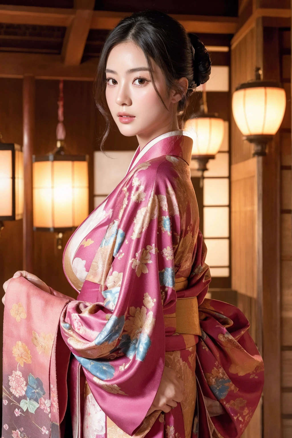 beautiful japanese woman wearing luxurious kimono in a shrine, cinematic atmosphere, big breasts, (best quality,4k,8k,highres,masterpiece:1.2),ultra-detailed,(realistic,photorealistic,photo-realistic:1.37),(looking at viewer),detailed intricate kimono patterns,detailed facial features,detailed eyes,detailed lips,detailed nose,highly detailed hands,elegant pose,serene expression,soft lighting,vibrant colors