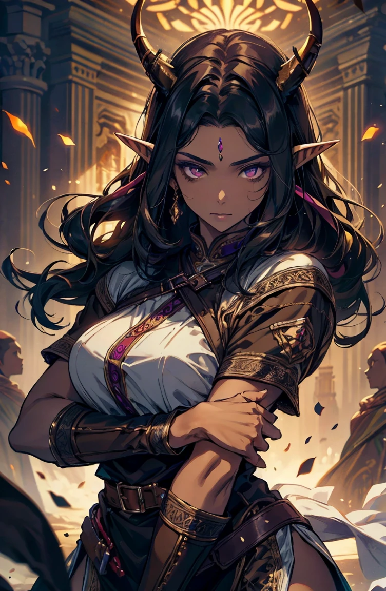brown skin, older woman, sexy, tall, brown skin, one wing, black hair, elf, elf ears, horns, dark clothing, purple clothing