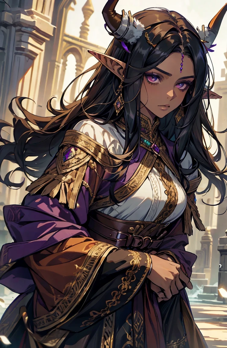 brown skin, older woman, sexy, tall, brown skin, one wing, black hair, elf, elf ears, horns, dark clothing, purple clothing