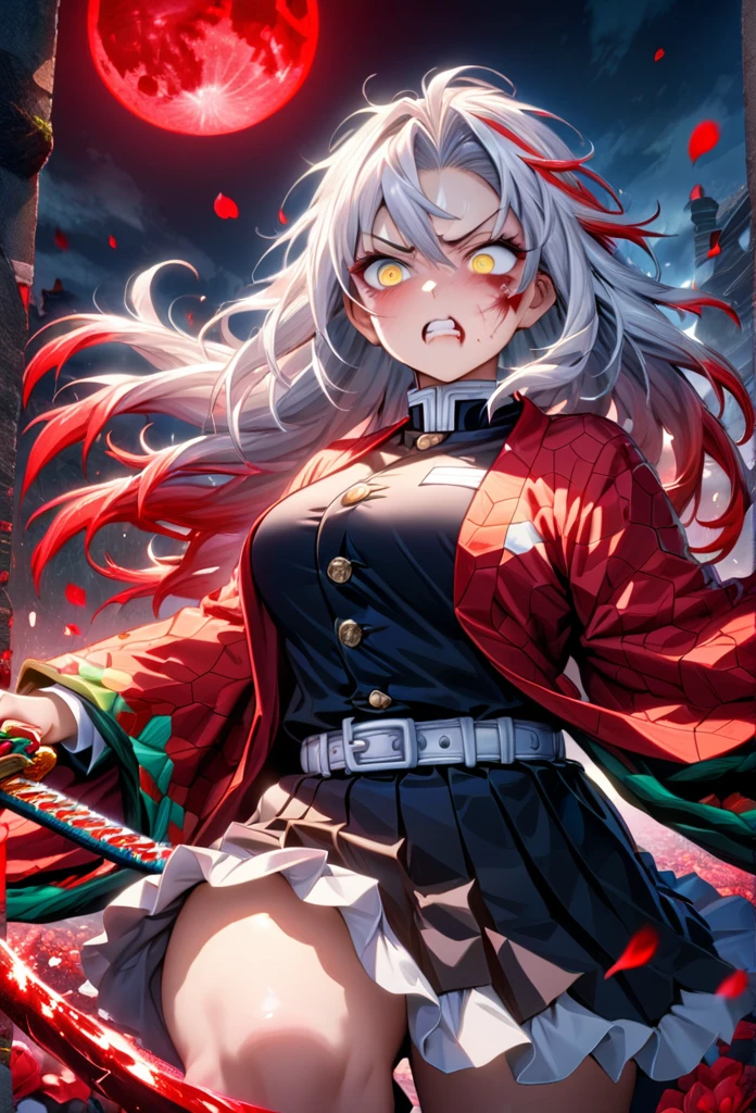 Ultra detailed, highres, absurdres, HDR, master piece, anime girl, pretty woman, white long hair with red streaks, expressive yellow eyes, red haori with patters of blood, black demon slayer uniform, Kimetsu No Yaiba, fantasy, petals, red flowers, pretty, woman grabbing a sword, solo, magic, shining red blood details, red moon, best quality, extremely detailed face and eyes, blood, grabbing a sword, fighting, feral face expression