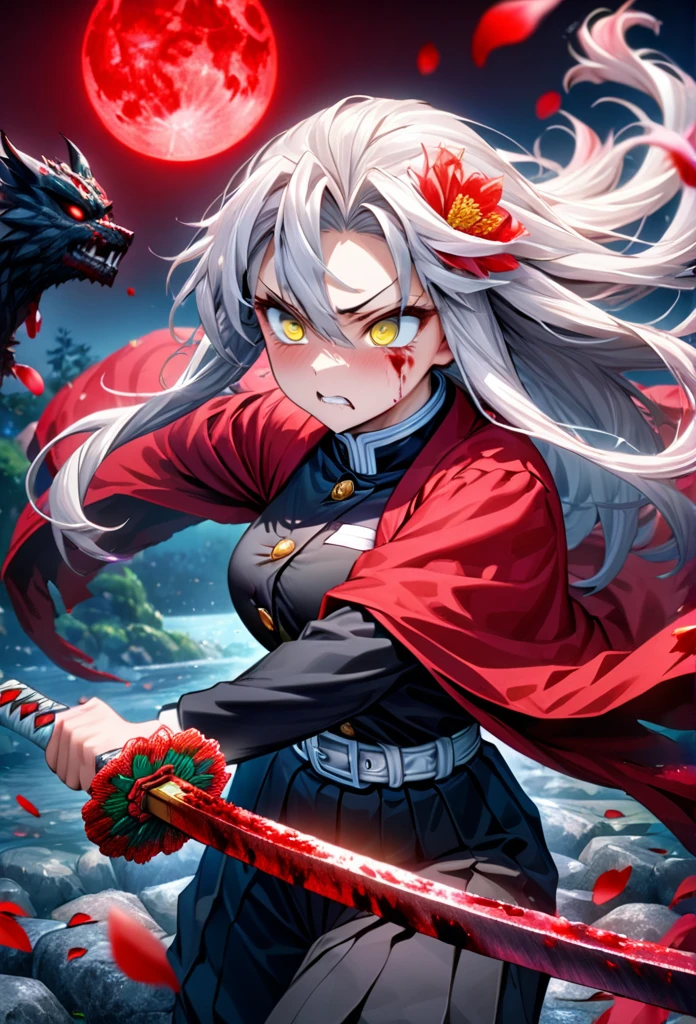 Ultra detailed, highres, absurdres, HDR, master piece, anime girl, pretty woman, white long hair with red streaks, expressive yellow eyes, red haori with patters of blood, black demon slayer uniform, Kimetsu No Yaiba, fantasy, petals, red flowers, pretty, woman grabbing a sword, solo, magic, shining red blood details, red moon, best quality, extremely detailed face and eyes, blood, grabbing a sword, fighting, feral face expression 
