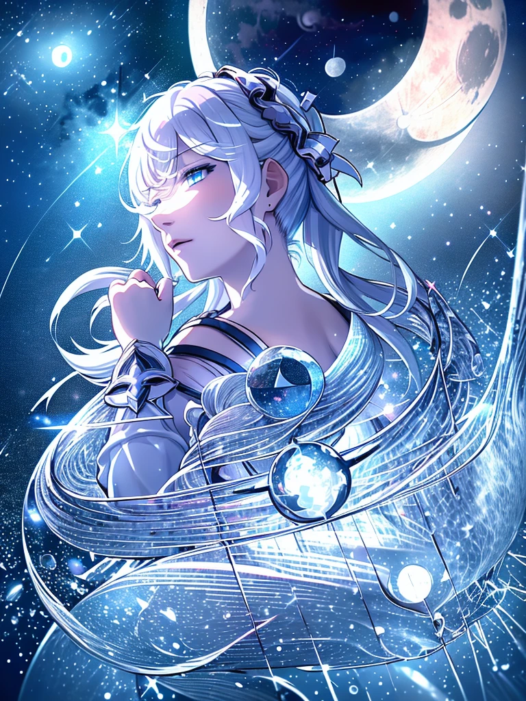 Masterpiece, (Best Quality: 1.2), (Super Fine: 1.2), Illustration, (Extremely Delicate and Beautiful: 1.2), Film Angle, Floating, (Beautiful Detail Eye: 1.1), (Detail Light: 1.1), Film Lights, Delicate Sky, Woman, White Hair, Blue Eyes, (High Ponytail: 1.1), Cloak, Glowing Eyes, (Moon: 1.2), (Moonlight: 1.1), Starry Sky, (Light Particles: 1.1), Fog , snow painting, sketching, blooming
