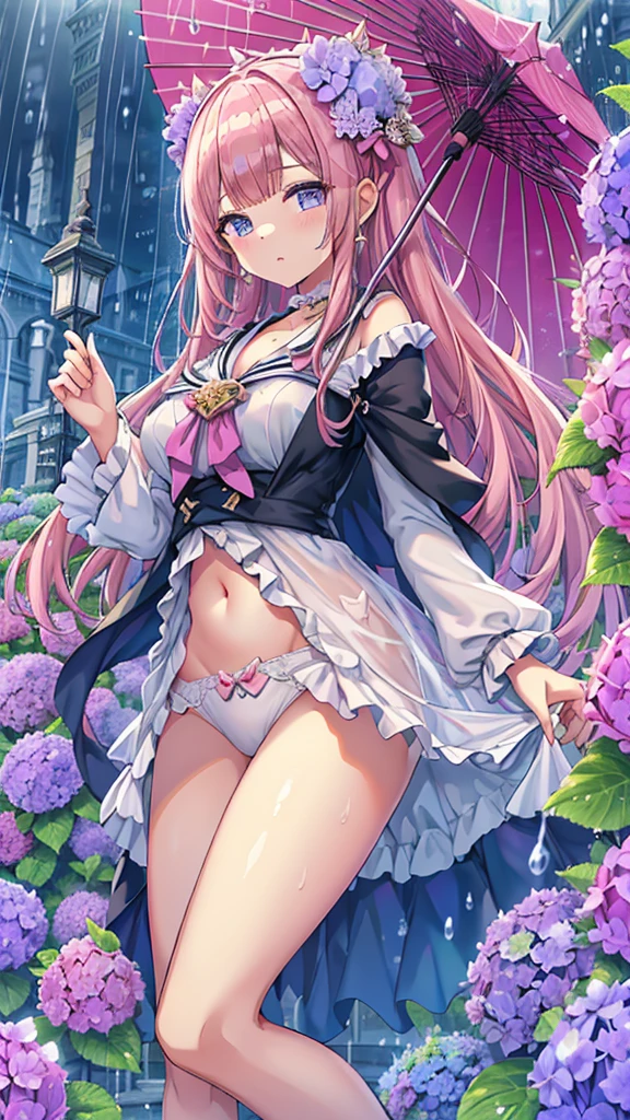Masterpiece、Highest quality、Super detailed、1 girl、Light pink hair、Fluffy and soft long hair、Starry eyes、Big Tits、Cleavage、Sailor suit、Lace cape、Frills、ribbon、hydrangea、cute umbrella、rain、梅rain、Belly button、hydrangeaのヘアアクセ、Earrings、choker、underwear