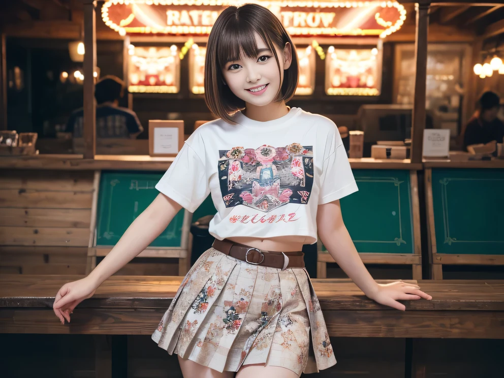 (8K, RAW Photos:1.2), Detailed face and eyes,最high quality, Ultra-high resolution, Very detailed ,Intricate details ,Tabletop ,pretty girl ,Round eyes、 Soft cinematic light, Hyper Detail,Sharp focus, high quality, Brown Hair,((Bobcut))、(Straight bangs)、amusement park、 ((Mini T-shirt))、(Pleated skirt)、”dwarf”、(Full Body Shot)、Waist、(I can see your thighs)、Cowboy Shot、 smile、I can see your belly button、Floral clothes、