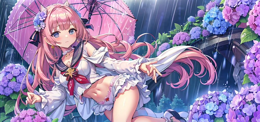 Masterpiece、Highest quality、Super detailed、1 girl、Light pink hair、Fluffy and soft long hair、Starry eyes、Big Tits、Cleavage、Sailor suit、Lace cape、Frills、ribbon、hydrangea、cute umbrella、rain、梅rain、Belly button、hydrangeaのヘアアクセ、Earrings、choker、underwear