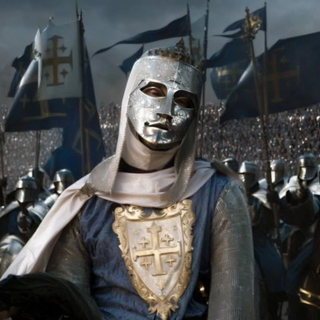 arafed knight in full armor, medieval crusader saint, Edward Norton as King Baldwin IV, medieval crusader saint, square-jawed in medieval clothing, paladin of light, medieval saint crusader knight, silver armor with gold ornaments and covered with white silk, shades clear, dramatic mask, dramatic light