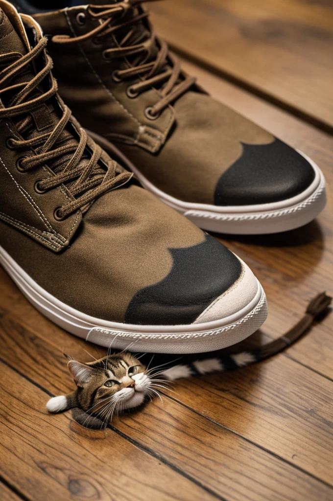 A cat stuck inside the shoe, between the sole and the laces his whiskers stick out