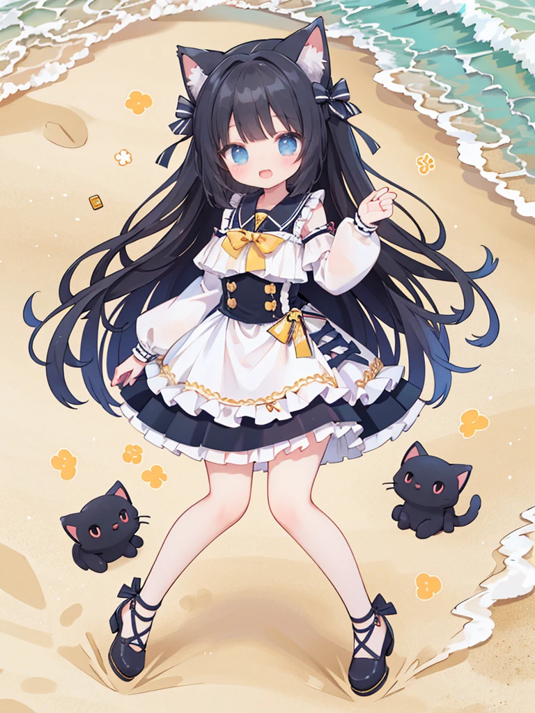 a girl,mini skirt,strappy heels,On the beach,Full body portrait,Hair,Has cat ears,Vision,Full body portrait,high quality,8k wallpaper,she blushes,Raise your hand