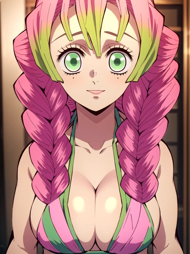 (masterpiece, best quality), intricate details,
MitsuriKanroji, kanroji mitsuri, 1girl, solo, upper body, long hair, winking, green eyes, pink hair, braid, green hair, twin braids, parody, portrait, close up, large breast, huge breasts, bikini top, headshot, collarbone, neck, bare shoulders, pink bikini top, cleavage, in frame, peeker, top angle, shot from above,