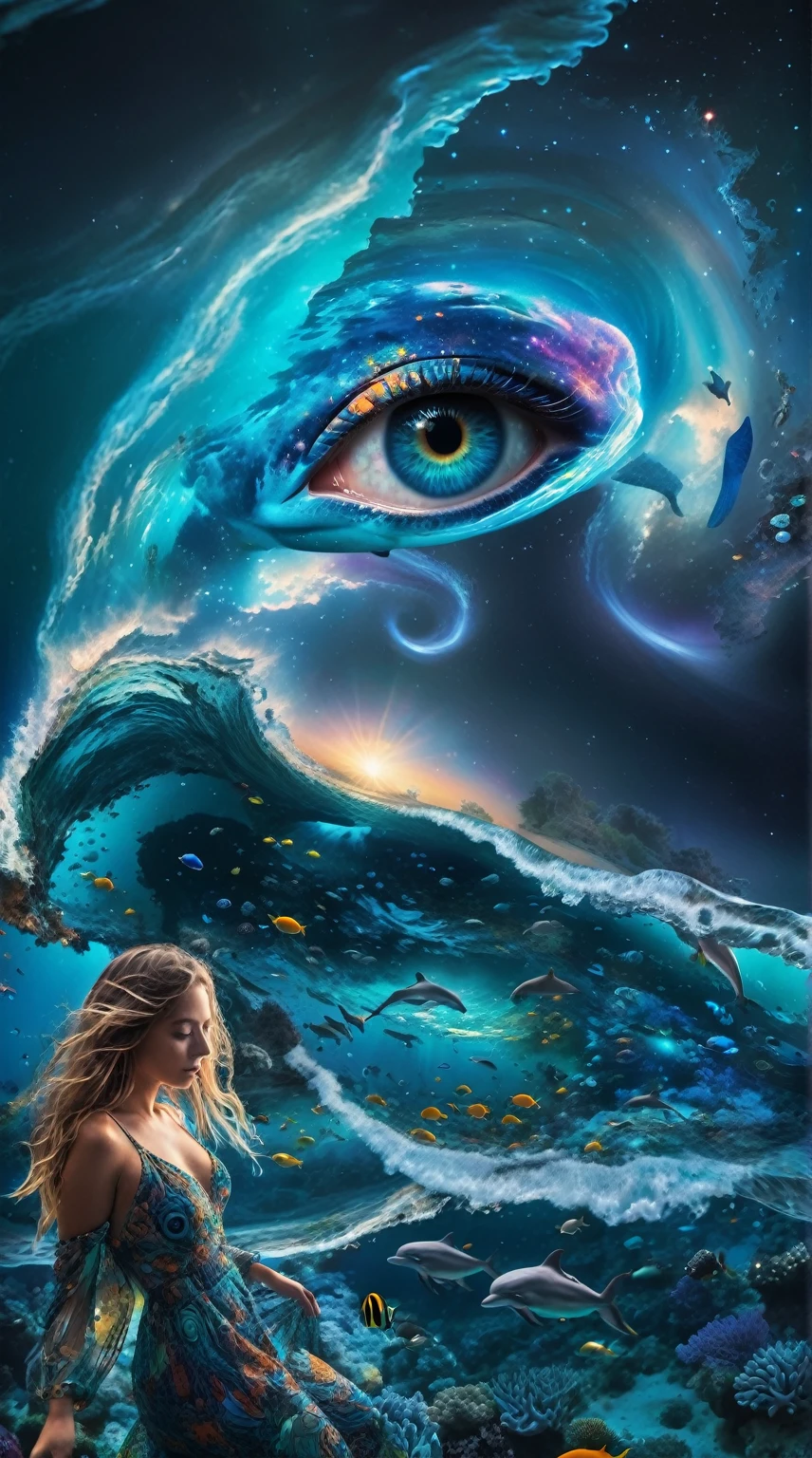 Create a surreal and fantastical image with the following elements: Setting: A beach with a surreal twist, where the ocean blends with a cosmic sky. Foreground: Vibrant coral reefs with detailed textures and various tropical fish swimming around. Transparent water near a woman, revealing bioluminescent algae and marine life. Midground: Dolphins swimming just below the surface, illuminated by sunlight filtering through the water. Background: A sky dominated by a massive cosmic eye, surrounded by swirling galactic patterns and luminous stars. Spiraling waves seamlessly blend into the cosmic sky. Colors: Dominant tones of blue, turquoise, and violet. Accents of yellow and orange from the tropical fish and sunlight. Composition: The scene should guide the viewer’s gaze from the detailed coral reefs and marine life in the foreground, to the dolphins in the midground, and finally to the cosmic eye and swirling waves in the background. Use lines and patterns to naturally direct the viewer’s attention upwards. Atmosphere: Evoke a mystical and dreamlike atmosphere, blurring the boundaries between reality and imagination. Create a sense of depth and dimension with sharp details in the foreground and midground, and a slightly softer focus on the cosmic elements in the background. Position the camera at a low angle, slightly behind the woman (if included), capturing her from the back as she gazes towards the ocean and the cosmic eye in the sky.