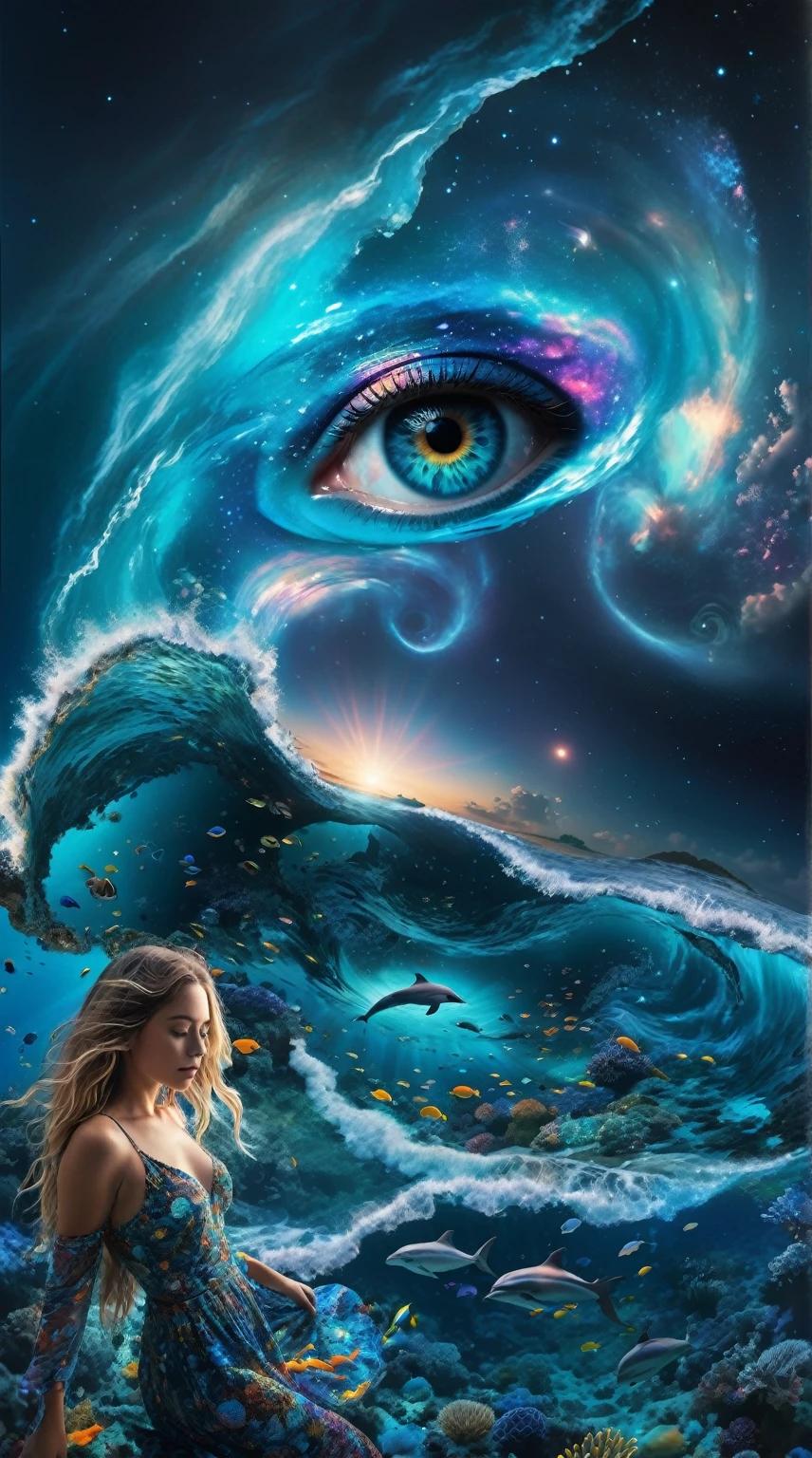 Create a surreal and fantastical image with the following elements: Setting: A beach with a surreal twist, where the ocean blends with a cosmic sky. Foreground: Vibrant coral reefs with detailed textures and various tropical fish swimming around. Transparent water near a woman, revealing bioluminescent algae and marine life. Midground: Dolphins swimming just below the surface, illuminated by sunlight filtering through the water. Background: A sky dominated by a massive cosmic eye, surrounded by swirling galactic patterns and luminous stars. Spiraling waves seamlessly blend into the cosmic sky. Colors: Dominant tones of blue, turquoise, and violet. Accents of yellow and orange from the tropical fish and sunlight. Composition: The scene should guide the viewer’s gaze from the detailed coral reefs and marine life in the foreground, to the dolphins in the midground, and finally to the cosmic eye and swirling waves in the background. Use lines and patterns to naturally direct the viewer’s attention upwards. Atmosphere: Evoke a mystical and dreamlike atmosphere, blurring the boundaries between reality and imagination. Create a sense of depth and dimension with sharp details in the foreground and midground, and a slightly softer focus on the cosmic elements in the background. Position the camera at a low angle, slightly behind the woman (if included), capturing her from the back as she gazes towards the ocean and the cosmic eye in the sky.