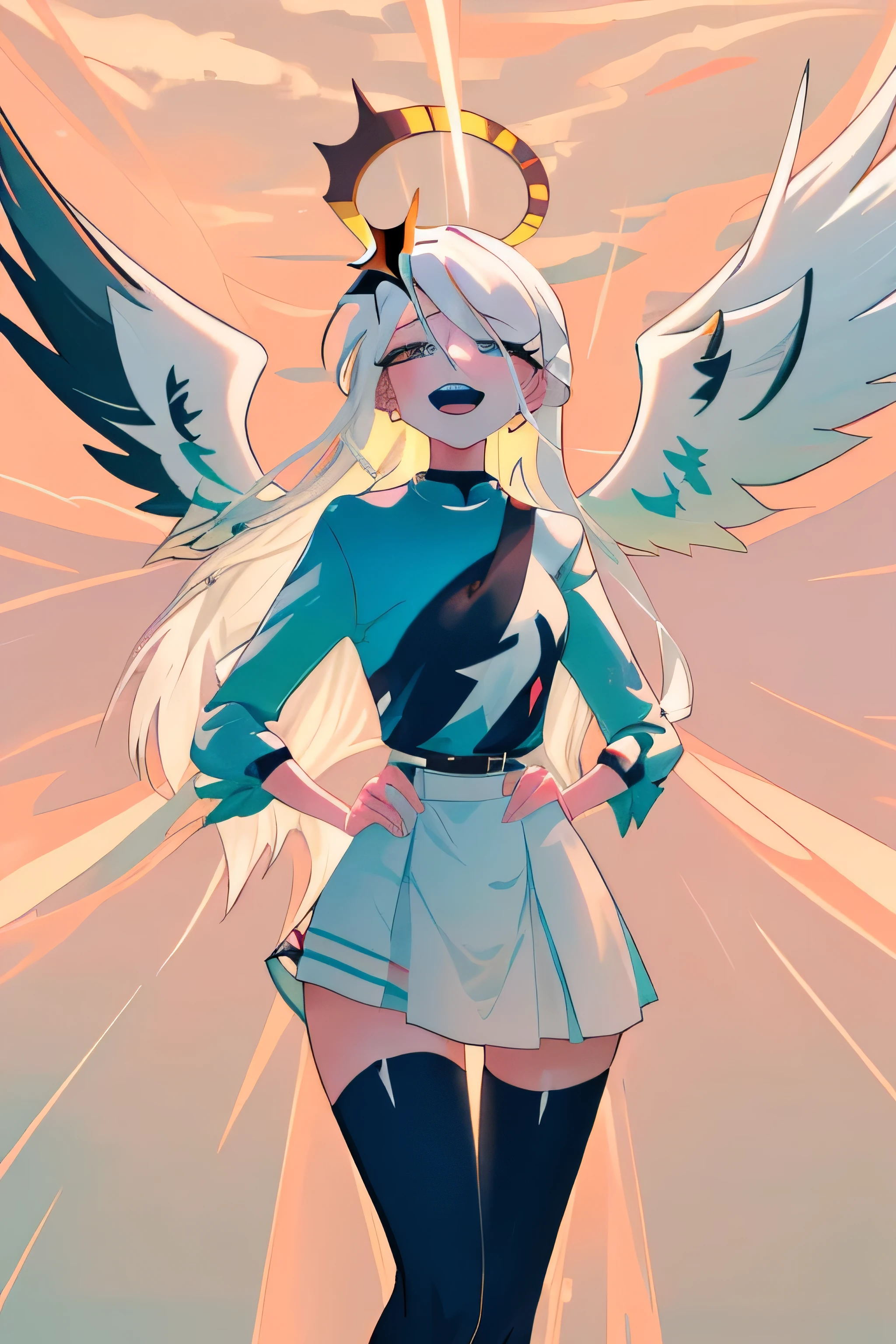 absurdres, (best quality: 1.0), (super high res: 1.0), extremely detailed character, 1girl, angel girl, ((large angel wings)), ((open eyes on wings looking at viewer)), ((black wings)), (((multiple wings))), ((wings on head)), (((open eyeballs on hair looking at viewer))), extremely long hair, ((white hair)), ((platinum blonde colored inner hair)), extremely detailed eyes, grey eyes, ((full body)), ((colorful pastel clothes)), colorful, ((pastel color skirt, pastel color shirt)), soft pastel colors, ((mini skirt)), ((zettai ryouiki)), ((thigh gap)), small breasts, standing, medieval, RPG, pearls, petals, hypnotizing, fighting pose, combat, confident, smiling 