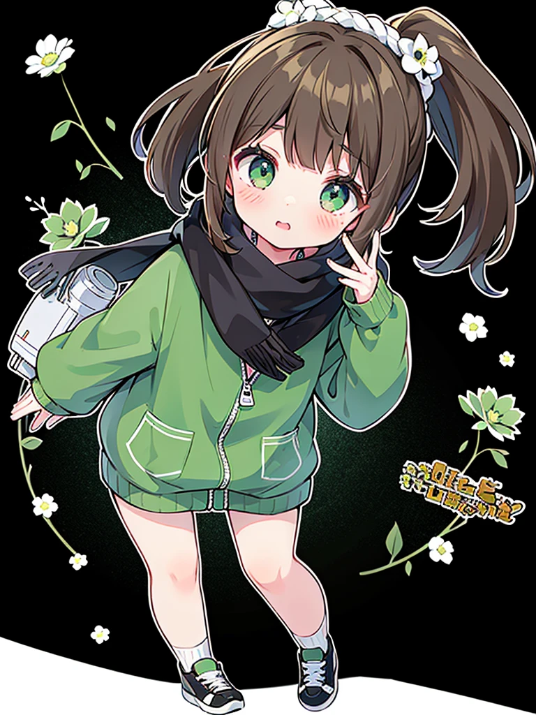 A girl,Brown side ponytail,Green Eyes,scarf,Dark green windbreaker,Punk style,girl,Hand holding old camera📷,Small white flowers,Full body female love,sports shoes,black,Punk style,〈White background 1::5〉,Poker face,(((Brown hair)))