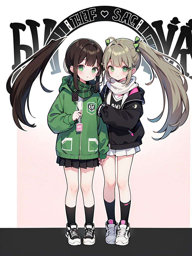 A teenage girl，Brown side ponytail，Green Eyes，scarf，Dark green windbreaker，Punk style，girl，Hand holding old camera📷，Small white flowers，Full body female love，sports shoes，black，Punk style，〈White background 1::5〉，Poker face，（（（Brown hair）））
