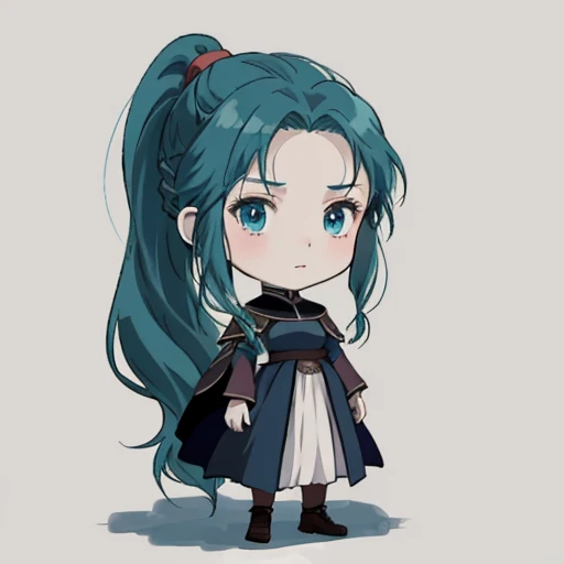 Chibi girl in Ghibli style with long dark turquoise hair in a ponytail in a medieval closed dark dress without background in full length, Serious Cold Gaze, pale skin, Blue eyes