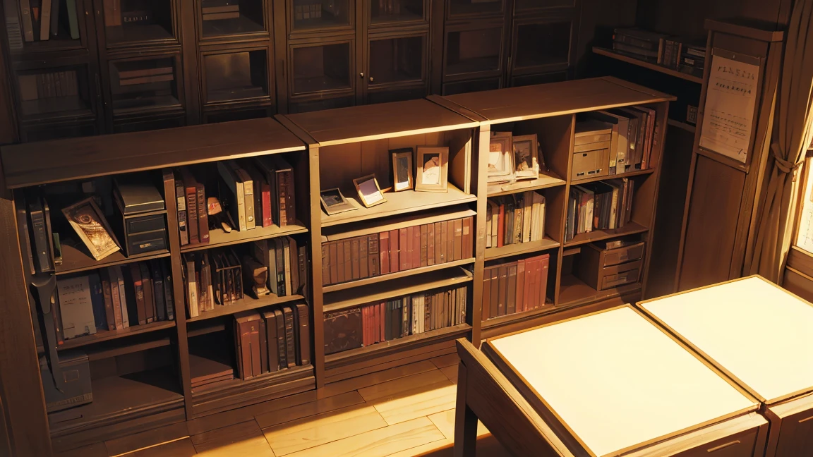 A narrow, dark study with the back entirely covered in bookshelves、There is one desk with a PC in the center.、No people、Front horizontal view