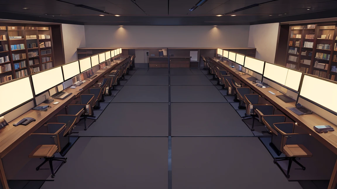 A narrow, dark study with the back entirely covered in bookshelves、There is one desk with a PC in the center.、No people、Front horizontal view