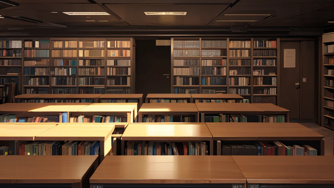 A narrow, dark study with the back entirely covered in bookshelves、There is one desk with a PC in the center.、No people、Front horizontal view