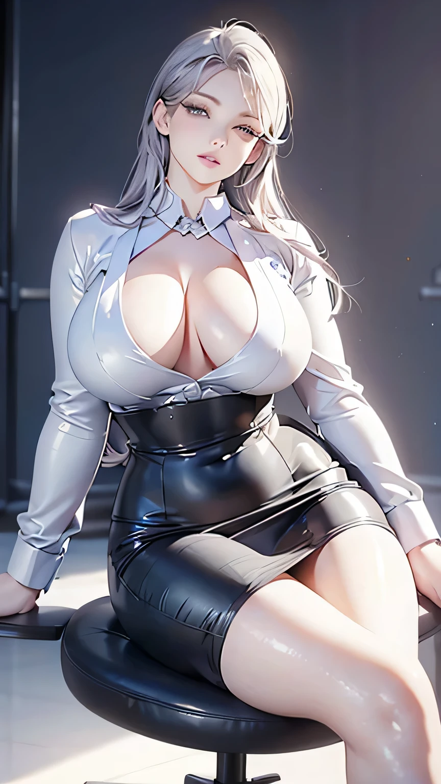 a mature woman with voluptuous figure wearing a tight pencil skirt, sitting back in an ergonomic gaming chair, dressed in a sexy teacher uniform, with long purple-grey hair, 1girl, beautiful detailed eyes, beautiful detailed lips, extremely detailed face and eyes, long eyelashes, elegant, flirtatious, (best quality,4k,8k,highres,masterpiece:1.2),ultra-detailed,(realistic,photorealistic,photo-realistic:1.37),HDR,studio lighting,vivid colors,professional portrait