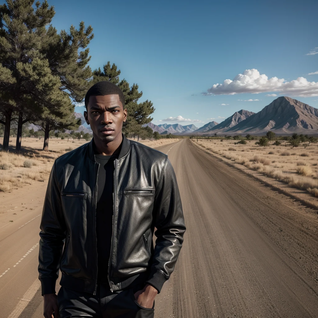 A tall man, black and in the middle of a landscape as if it were GTA 5