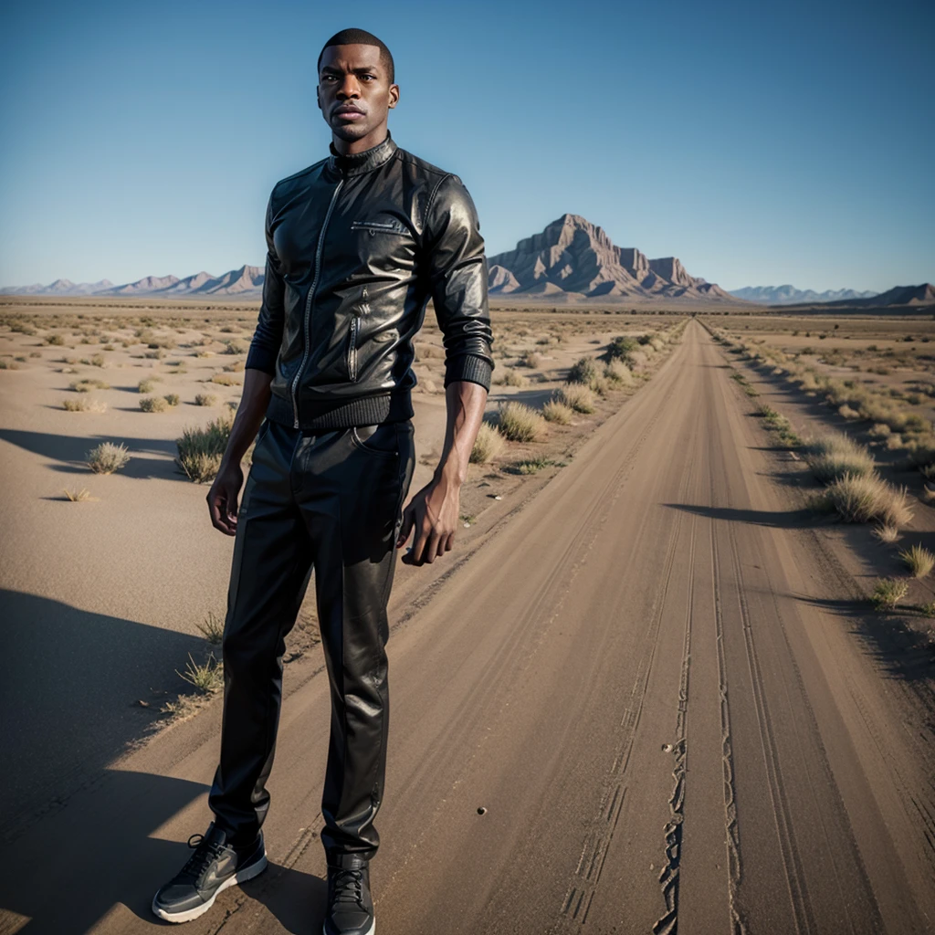 A tall man, black and in the middle of a landscape as if it were GTA 5