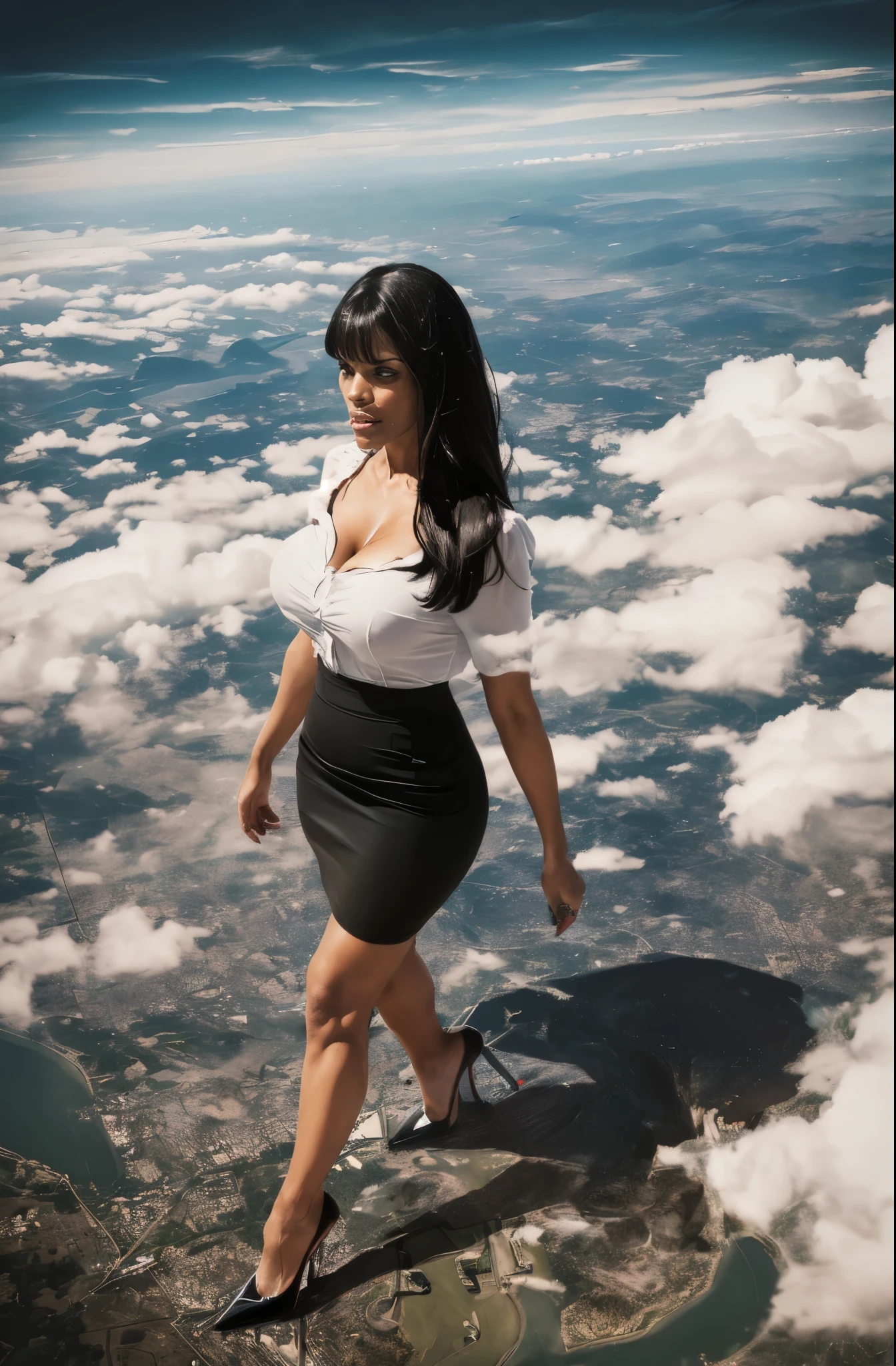 Rosario Dawson, (masterpiece, best quality, best shadows, best shading, perfect hands, perfect face, cinematic lighting, colorful, ultra-detailed, beautiful photography, character focus, extremely-detailed, photorealistic, hyper photorealism, atmospheric), (rural destruction:1.7), (giantess, stereotypical office worker), (dirty, filthy, unwashed, sweaty, unkempt, angry, tired, exhausted, annoyed), (walking, mid stride, stepping down on, stomping, crush, rampage), (black patent Louboutin pointed toe pumps, high heels, stiletto heels), ((revealing crisp white blouse, short black pencil skirt)), ((long straight hair with front bangs)), (high altitude photography, satellite view), (curvy, exposed cleavage, heaving bosom, legs), (urban sprawl, farmland and small towns, destruction, buildings, roads), (((cloudy, overcast, clouds and atmosphere partly obscuring the subject, hazy atmosphere, haze in foreground, wispy clouds)))