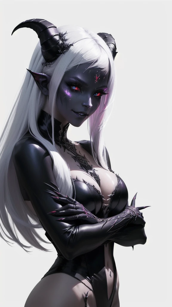 a demon with horns and white hair is posing for a picture, succubus, a demonic skin, Nectrotic skin, Burnt skin, female demon, hyperdetailed fantasy character, dark demon succubus, portrait of an demon queen, demon princess, of an elden ring demon, demon character with smirk, demon, demon queen, complex fantasy character, portrait of demon royalty