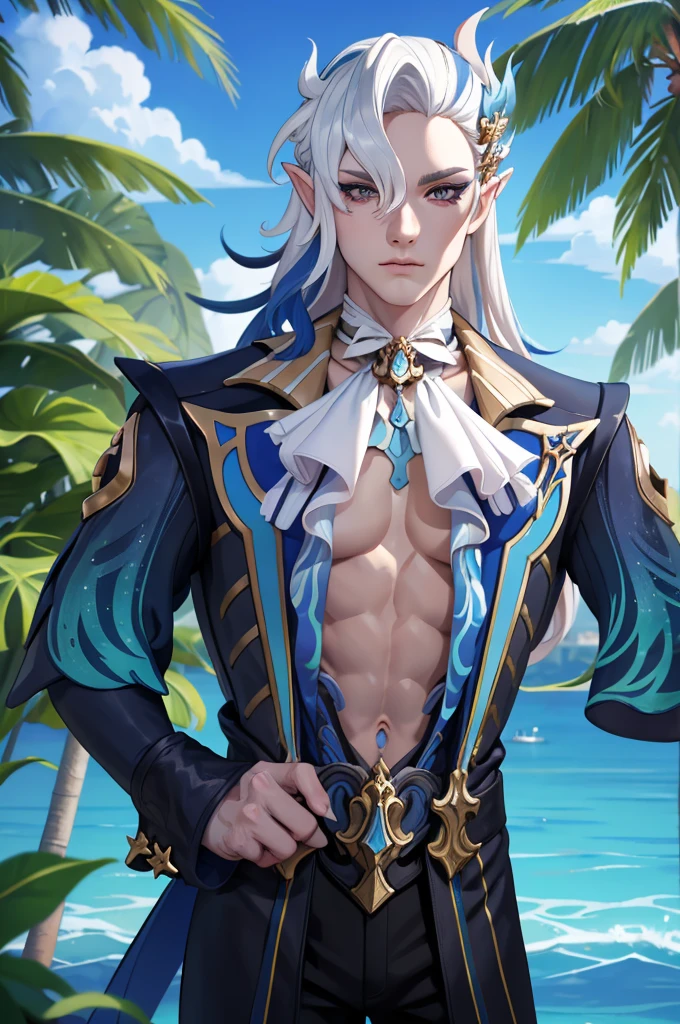 Masterpiece, Best Quality, 1boy, neuvillette, blue hair, White hair, multicolored hair, hair between eyes, pointy ears, hair ornament, topless man, muscular, as well, mar, arena, tropical island background