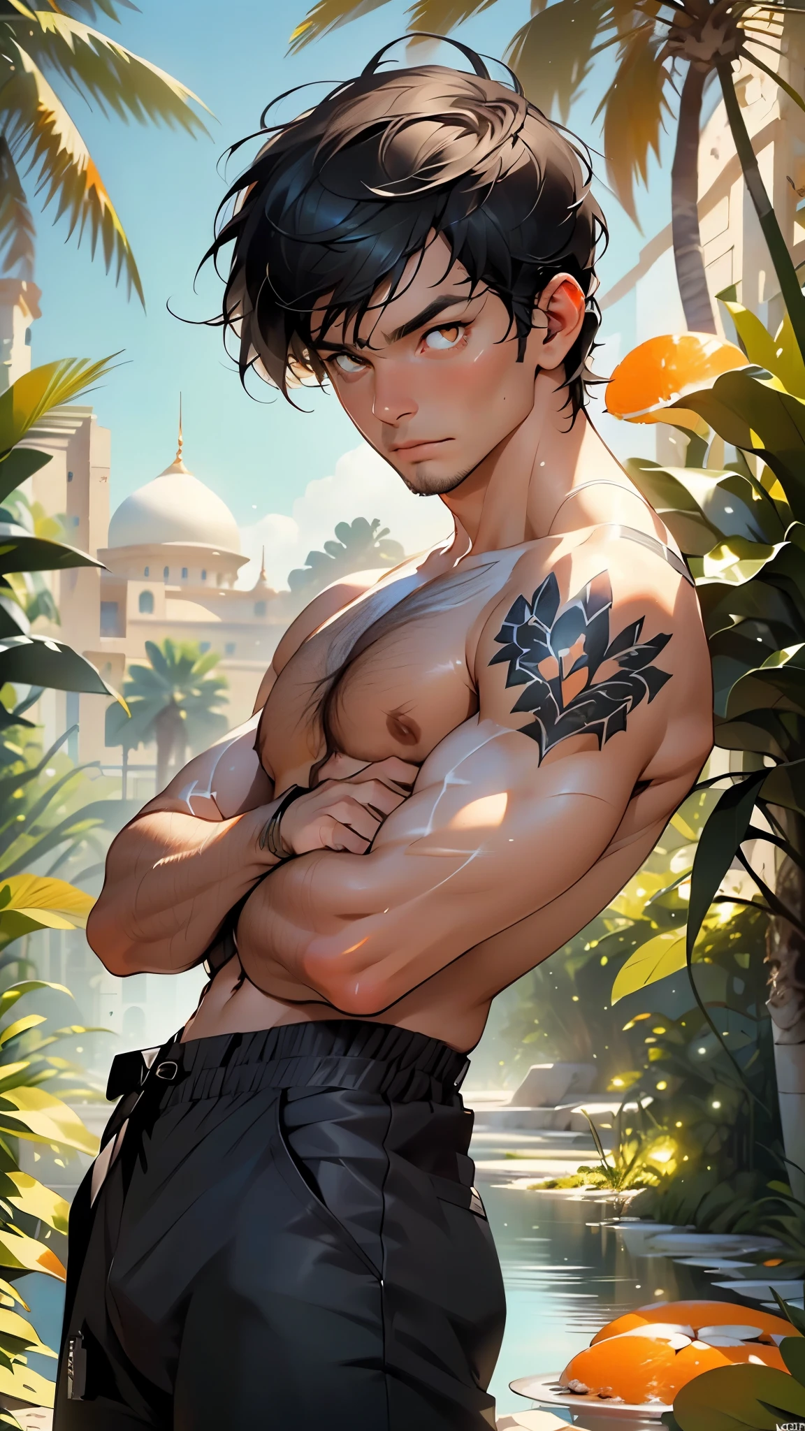 (man:1.5),1 man,male, muscle, 1boy, muscle, pectoral, muscular, Mature man,45 year,1 man,macho man,an extremely detailed face,((black hair,short cut hair,very short hair,black hair)),(((stubble:1.5))), (((orange_eyes:1.3))),intricate eyes,beautiful detailed eyes,symmetrical eyes,perfect face,((detailed face)),macho man,
(male arabic archer),arabic soldier,,
(((lustrous skin:1.5,tanned skin,bright skin: 1.5,skin tanned,shiny skin,very shiny skin,shiny body))),heroic,nsfw,
(((bare chest,naked torso))),arm tattoo,shirtless,drawing bow,arabic pants,((bulge in pants)),traveler's shoulder bag,(((intricate outfit,intricate clothes))),
dynamic pose,looking at viewer,centered,scale to fit dimensions,Rule of thirds,
outdoors,(Arab palace,Arab palace background,pyramids in the background),scenery,(oasis,oasis background),extremely scenery,(puddles everywhere,moss,moss on the background),clouds,Arab style,Arab castle,lily pads,palms,reeds,(sunset, golden hour),
(Glossy Arab ornaments),highres,sharp focus,(ultra detailed,extremely detailed),(photorealistic artwork:1.37),(extremely detailed CG unity 8k wallpaper),(((vibrant colors,vibrant theme))),(intricate),(masterpiece),(best quality),artistic photography,(photography taken by sldr),(intricate background),perfect rendered face,perfect face details,realistic face,photo realistic,((intricate detail)),(((realism))),