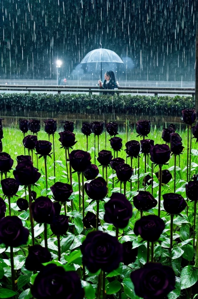 Field of black roses wet by rain