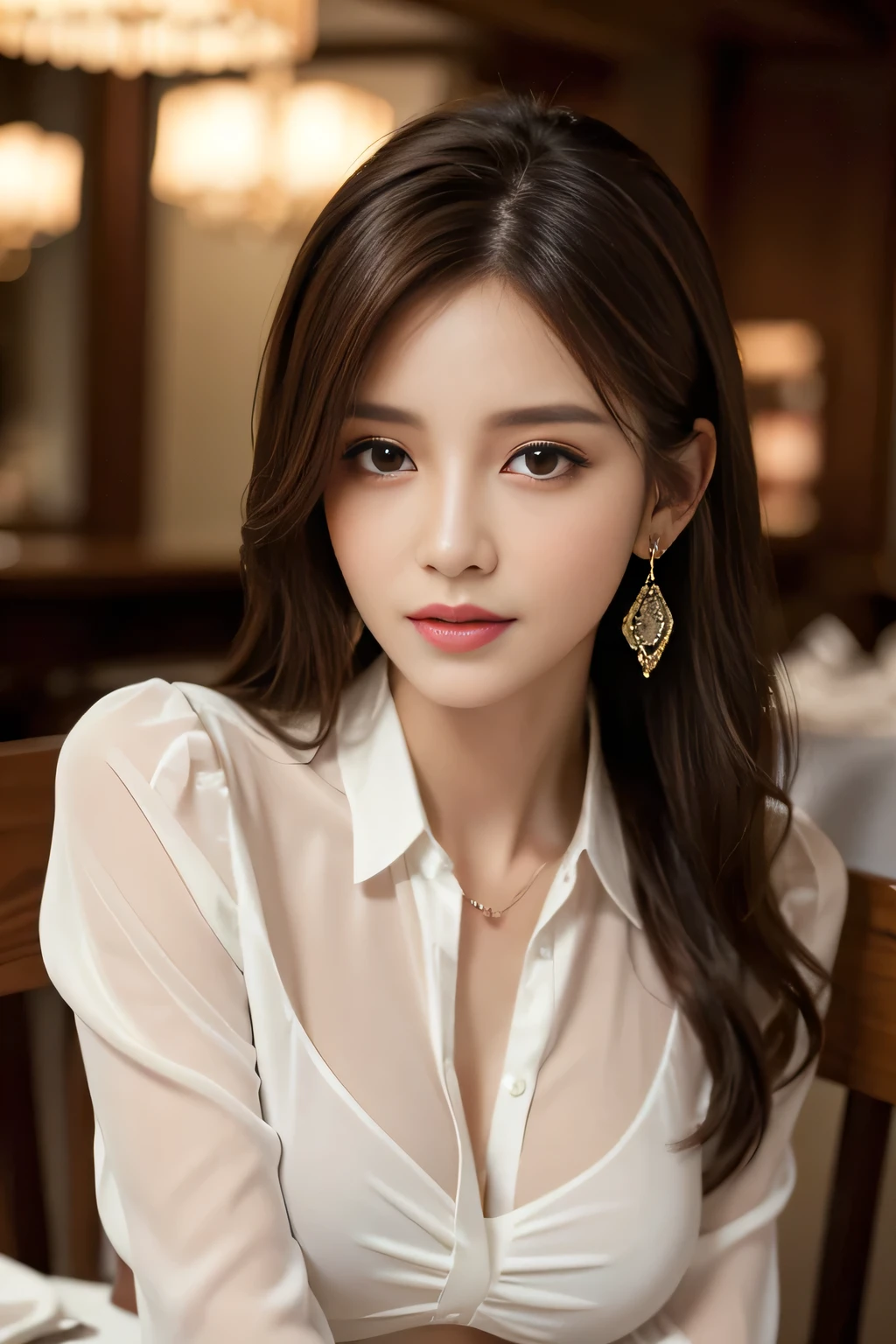 masterpiece, Highest quality, Realistic, Very detailed, Finer details, High resolution, 8k wallpaper, One beautiful woman, Wear an elegant white see-through shirt, In a great restaurant, At night, Light brown messy hair, Perfect dynamic composition, Beautiful and beautiful eyes、Big earrings、Sit on a chair、