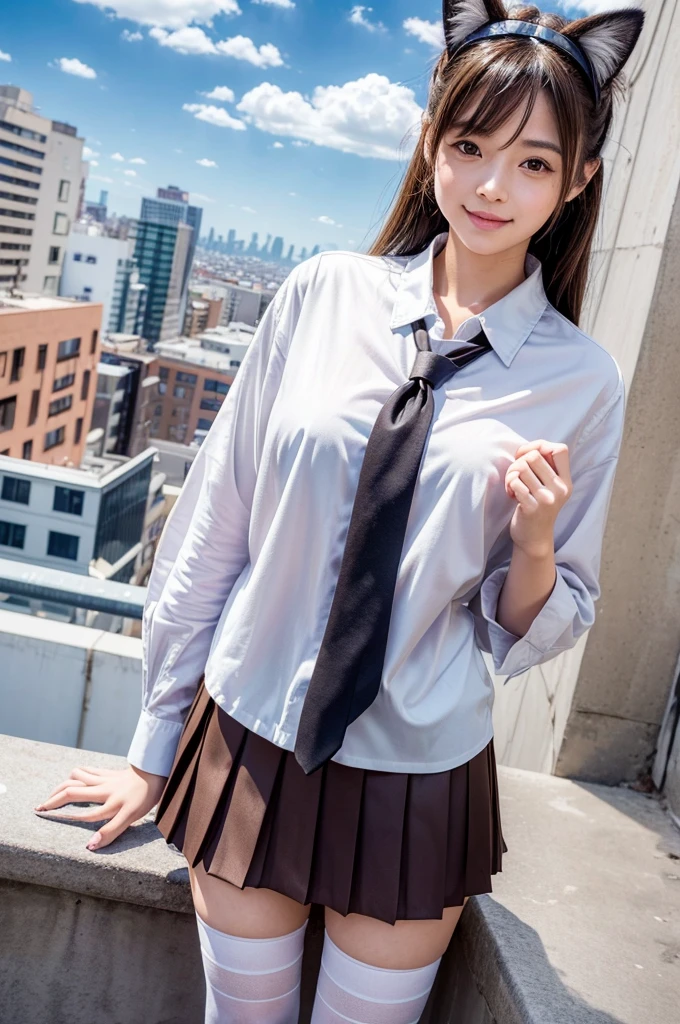(masterpiece), (Highest quality), (High resolution),Realistic skin texture, Perfect Face, Realistic, Perfect hands, Perfect finger count, Japanese, Girl, (20-year-old), Big Eyes, Brown eyes, Brown Hair, bangs, Twin tails, Hair Ribbon, Small face, smile, ((Realistic cat ears, White button-up shirt, tie, Mini Pleated Skirt, stockings)), Are standing, Cute pose, Rooftop with a view of the city, Blue sky and clouds