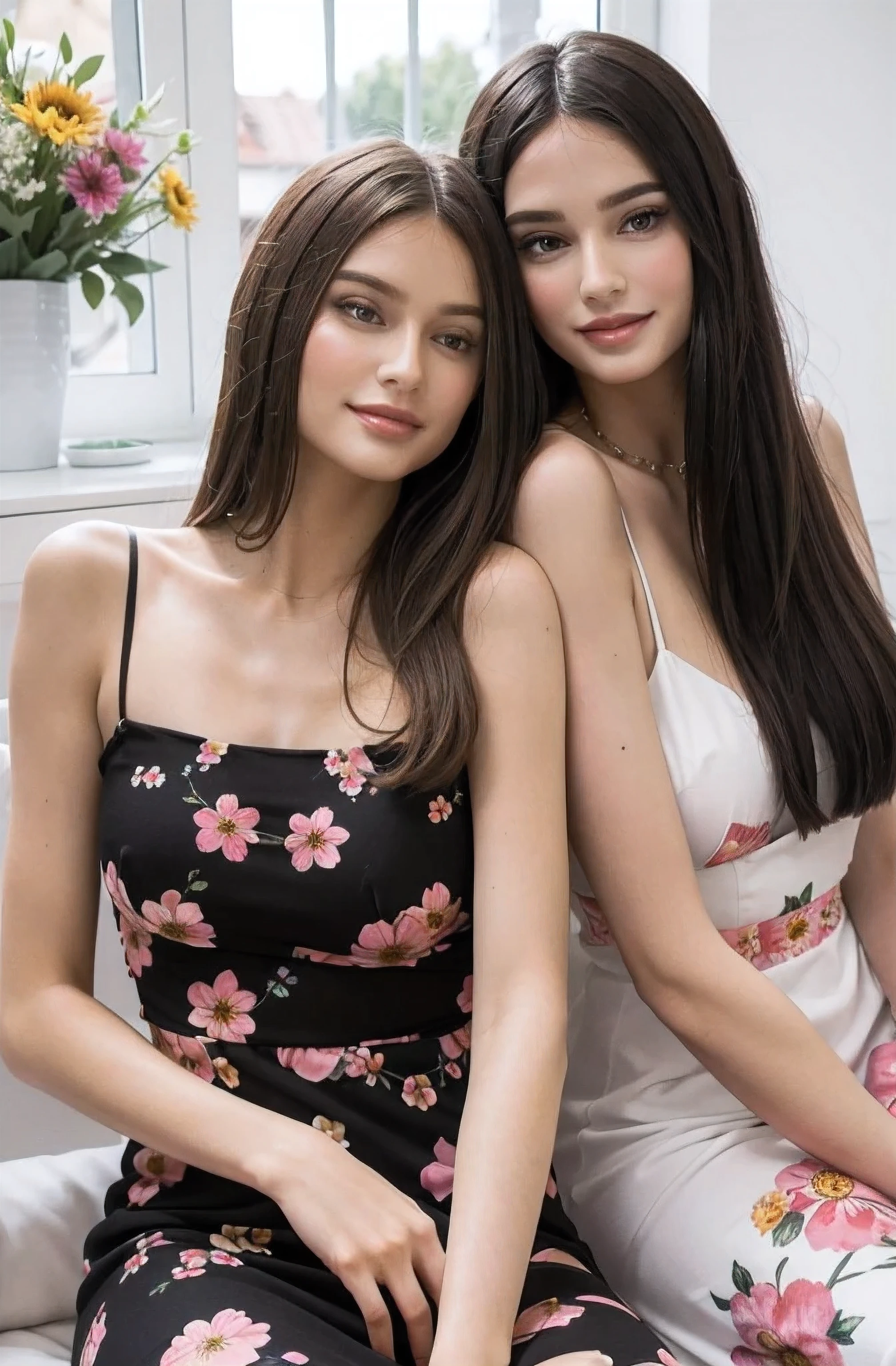 Photo of Beautiful honeypuu, medium length black hair, detailed eyes, pale skin, Appear safe, Casual, interior, with an air of superiority, colorful flowery summer dress, they are smiling, neckline