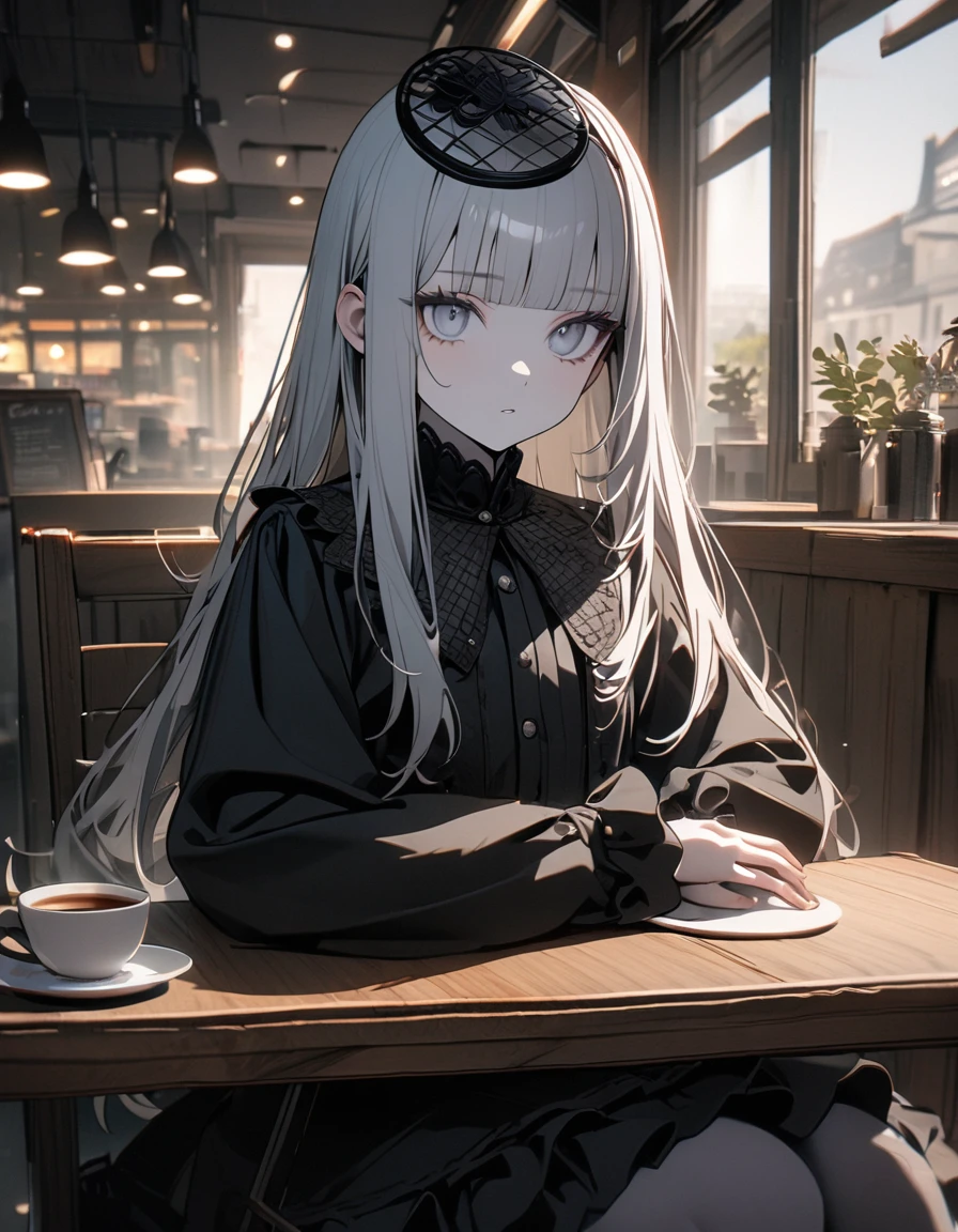 (8K, best quality, master piece: 1.2), super high resolution,1 girl,独奏,16yo,ultra-detailed face,detailed eyes,silver eyes,blunt bangs,silver hair,Straight Hair,Long Hair,pale skin,long sleeve petal collar blouse,black Fascinator,Tiered skirt,expressionless,lash extension,parted lips,Rim Light,Sitting in a chair,A cake and a cup of tea on the table,Coffee shop