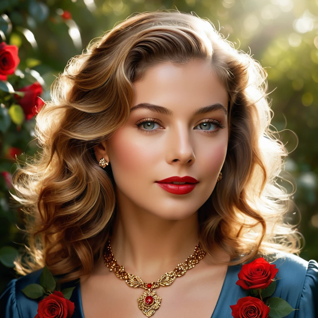 Create a highly detailed and realistic portrait of a young Lauren Bacall with long, wavy brown hair adorned with red roses. She has striking, expressive eyes and a calm, composed expression. She is wearing a vintage-style outfit with a necklace featuring a pendant. The background is a soft-focus natural setting with warm, dappled sunlight filtering through the leaves, enhancing the serene and romantic atmosphere. The style should be hyper-realistic with a touch of romanticism. Photo Realistic photo, vibrant colors, 16k