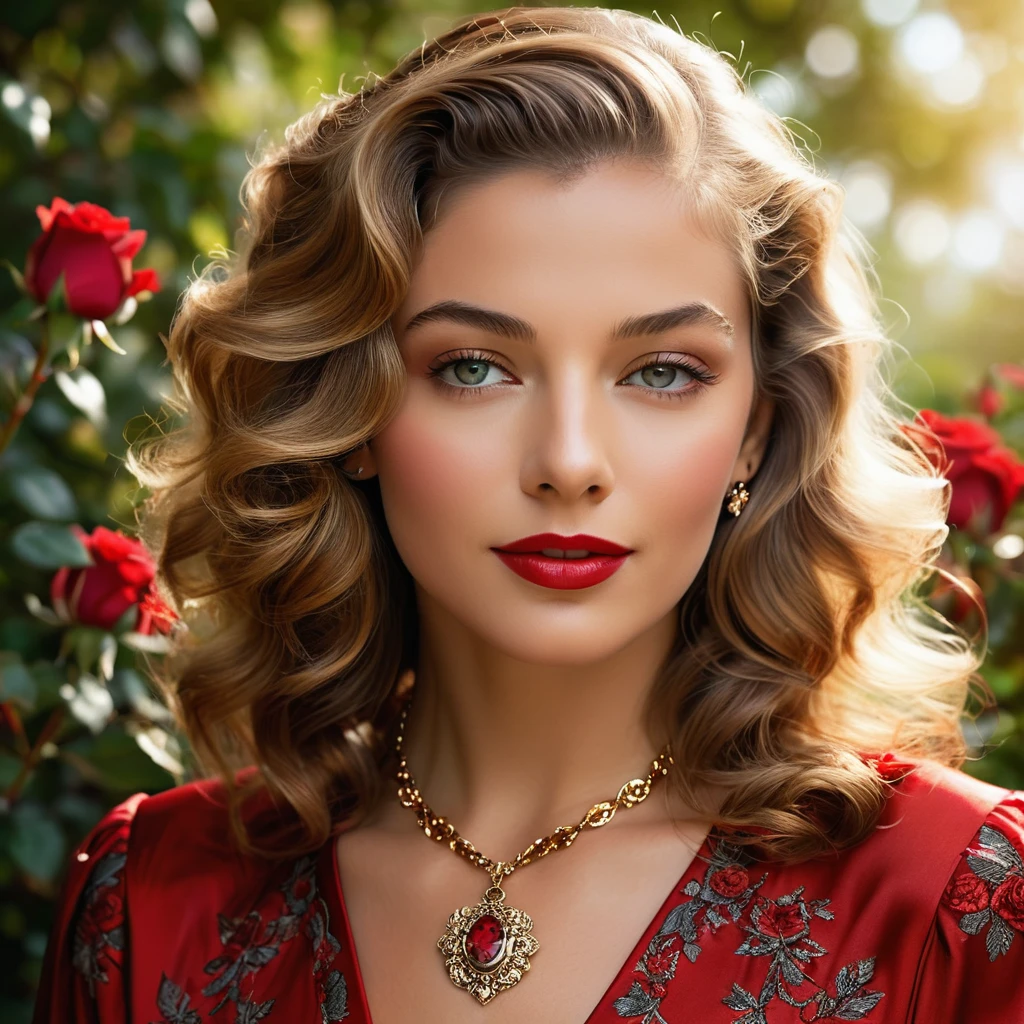 Create a highly detailed and realistic portrait of a young Lauren Bacall with long, wavy brown hair adorned with red roses. She has striking, expressive eyes and a calm, composed expression. She is wearing a vintage-style outfit with a necklace featuring a pendant. The background is a soft-focus natural setting with warm, dappled sunlight filtering through the leaves, enhancing the serene and romantic atmosphere. The style should be hyper-realistic with a touch of romanticism. Photo Realistic photo, vibrant colors, 16k