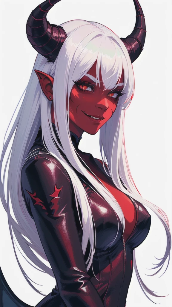 a demon with horns and white hair is posing for a picture, succubus, a demonic skin, Nectrotic skin, Burnt skin, female demon, hyperdetailed fantasy character, dark demon succubus, portrait of an demon queen, demon princess, of an elden ring demon, demon character with smirk, demon, demon queen, complex fantasy character, portrait of demon royalty