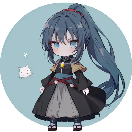 Chibi girl in Ghibli style with long dark turquoise hair in a ponytail in a medieval closed dark dress without background in full length, Serious Cold Gaze, pale skin, Blue eyes