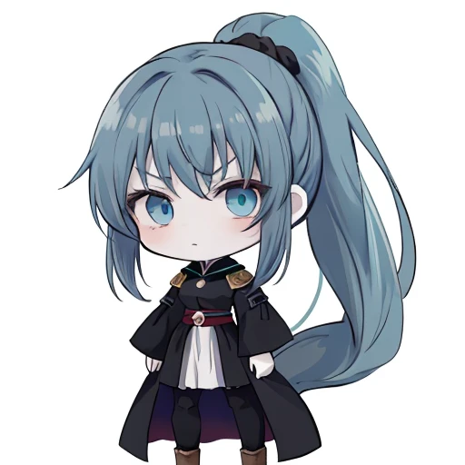 Chibi girl in Ghibli style with long dark turquoise hair in a ponytail in a medieval closed dark dress without background in full length, Serious Cold Gaze, pale skin, Blue eyes