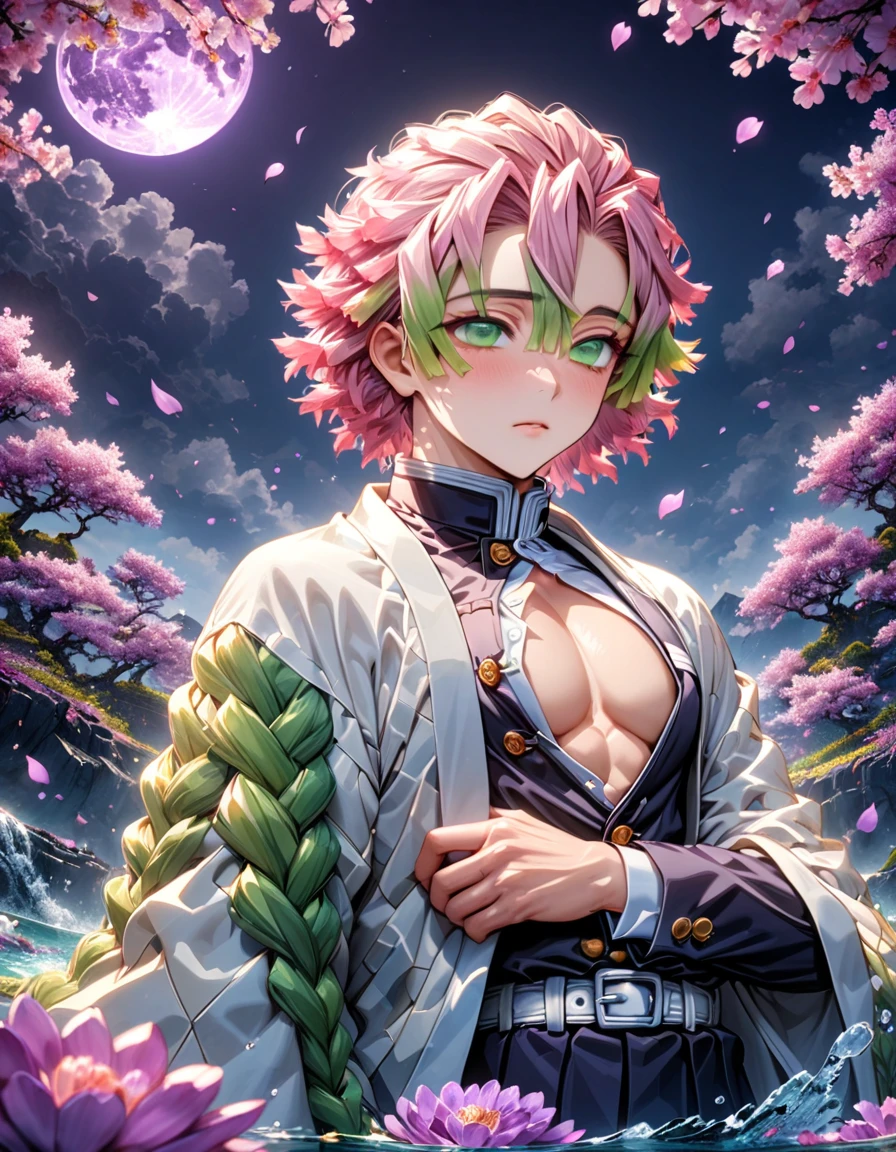 absurdres, highres, ultra detailed, HDR, master piece, best quality, Kanroji Mitsuri, pink hair, short hair, expressive green eyes, Kimetsu No yaiba, solo, sexy man, handsome, toned chest, white haori, demon slayer uniform, fantasy, shining, purple flowers, purple blossoms, water, purple petals, purple moon